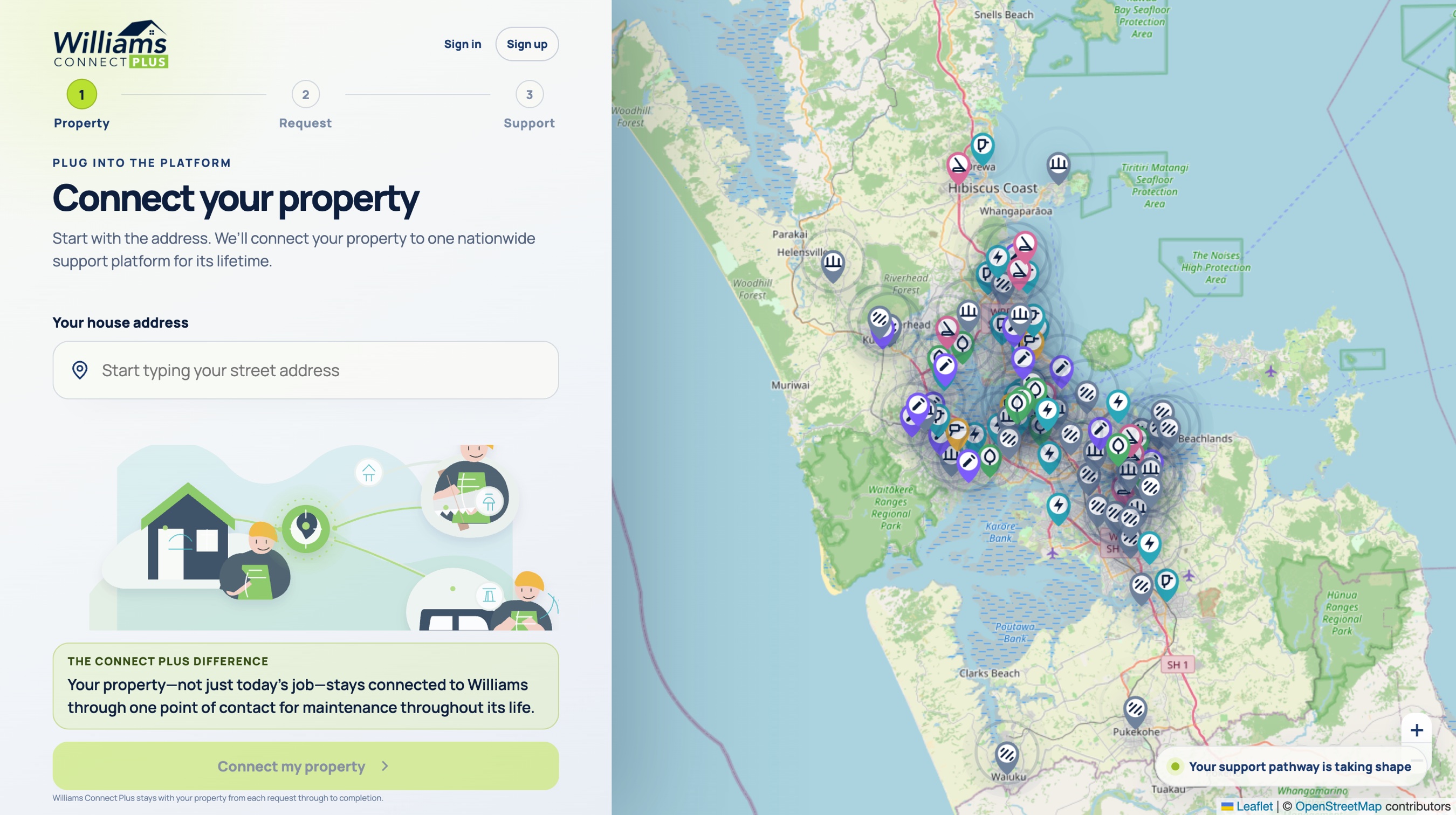 The real Williams Connect Plus platform: connecting a property on the left, and the live coverage of vetted service providers around Auckland on the right.