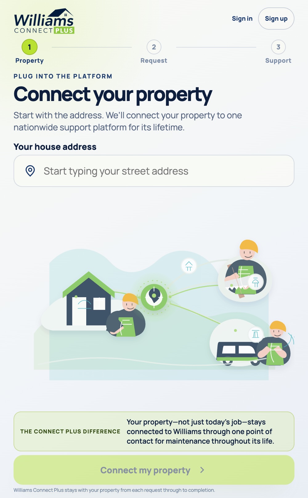 The real Williams Connect Plus platform on mobile, connecting a property from your phone.